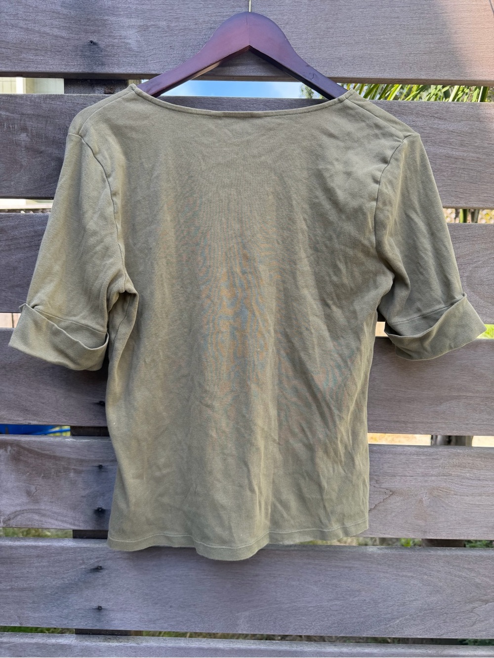 Lauren Ralph Lauren Olive Green V Neck Tee Large Cotton Rolled Sleeve Top - Picture 2 of 5